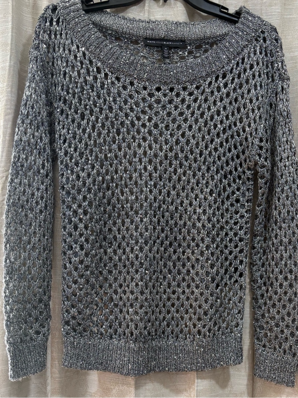 White House Black Market Silver Open-Knit Crewneck Sweater